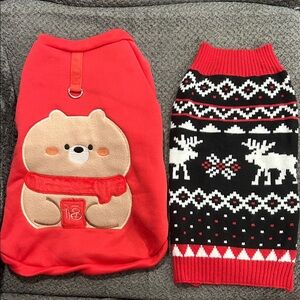Red and Black Pet Sweater Set with Bear and Reindeer Designs. Size large